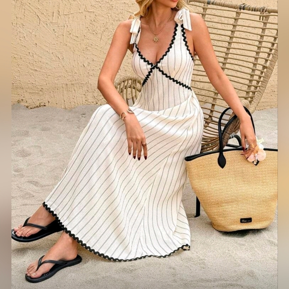 New Flowy Tie Strap Rickrack Trim Long Dress Cream Tan Black - Picture 8 of 10